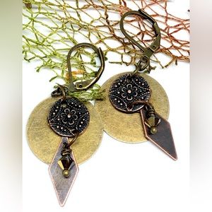 Copper Mandala Flower Diamond Bronze Disk Antiqued Mixed Metal Layered Earrings